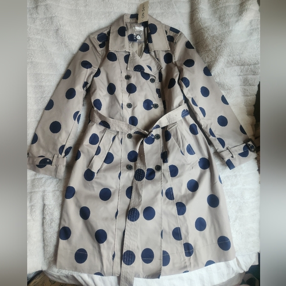 On 34th polka-dot Trench-coat Size M Beige Blue Navy Dots BNWT. NO LOW BALLING!! - Picture 5 of 8